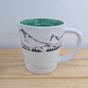 Tim Hortons Coffee Mug 2018 Mountain Landscape Scene White Green Ceramic Cup